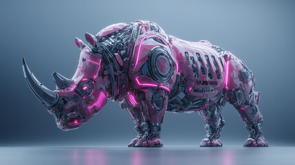 Fototapeta premium A futuristic robotic rhinoceros with metallic segments and glowing pink lights stands on a smooth surface. The design emphasizes technology and artificial life.