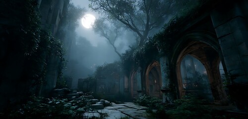 spooky forest in the fog