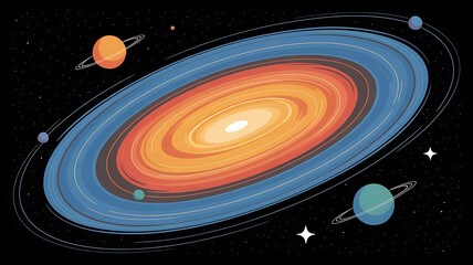 Obraz premium Spiral galaxy with orbiting planets and rings. 