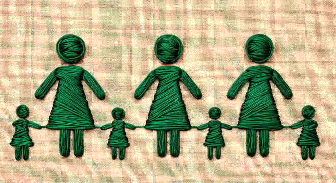 Fiber of Love. Woven textile pattern where threads alternately depict maternal and child figures 