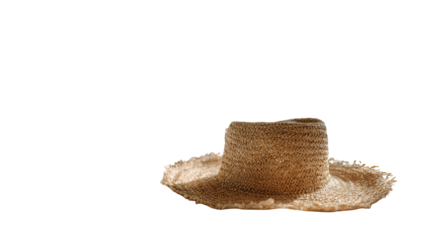 Light brown straw hat,  wide brimmed,  against a dark background