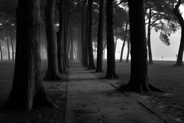 Naklejka premium A grayscale path, lined with trees, leads into a misty forest