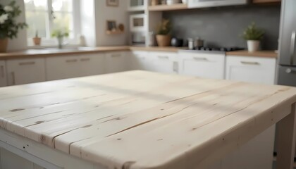 Empty White Wooden table top with blurred background of minimalist kitchen bench. Side view