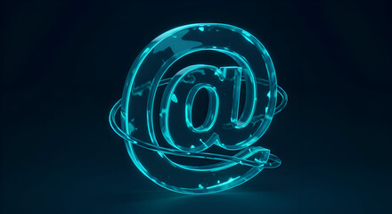 Glowing turquoise email symbol in a dark background. Abstract digital design with orbiting rings. Modern graphic design element for digital use. Generic location -