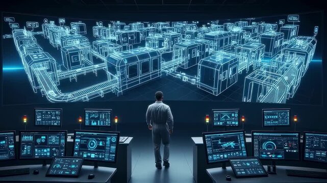 Hightech factory control room displaying virtual replicas of production line machines.