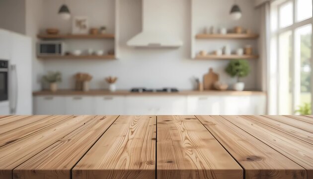Empty White Wooden table top with blurred background of fancy kitchen bench.
