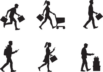 Obraz premium People in motion shopping, working, and gifting silhouettes