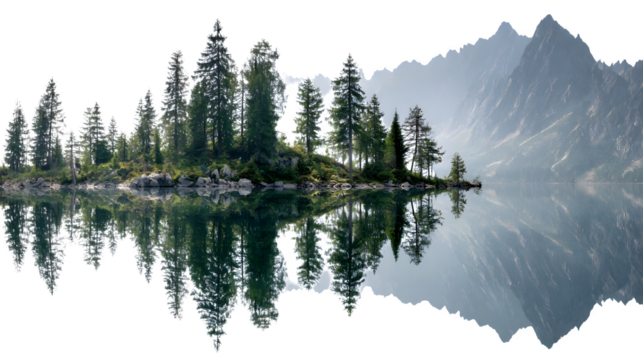 A calm reflection of mountains in a clear lake