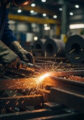 Welding sparks in a metalwork factory setting, creating a visually striking image with industrial machinery in the background,Welder at work sparks fly, as a skilled tradesman uses a welding tool