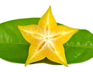 Fototapeta premium Vibrant yellow star fruit slice a crosssection of carambola with seeds resting on a green leaf.