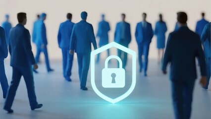 A futuristic and professional image of a group of business people with a glowing shield and padlock icon in the foreground, symbolizing collective security and data protection.
