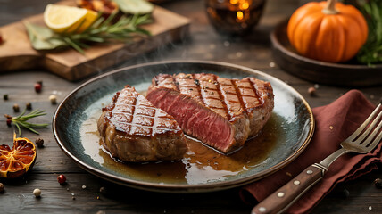 Sizzling steak, perfectly cooked, on a dark plate.
