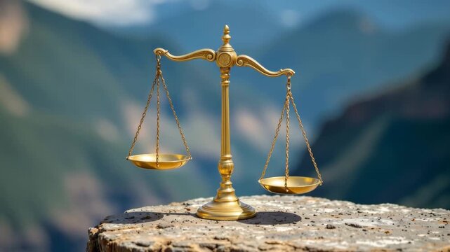Justice's Balance in the Wild: A meticulously crafted golden scale, an emblem of justice and fairness, finds its place atop a rugged mountain.