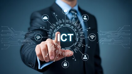 Businessman touches digital network suit finger