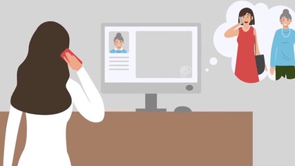 Woman making phone call while working at desk in animated office scene - Powered by Adobe