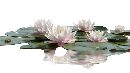A calm, still pond with lotus flowers floating gently