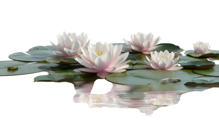 A calm, still pond with lotus flowers floating gently