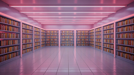 Empty library bathed in pink neon light. Rows of bookshelves.
