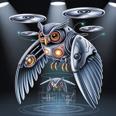 Mechanical owl, futuristic design, hovering, technological art.
