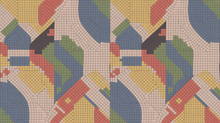 Geometric pattern of colorful, interlocking shapes.

