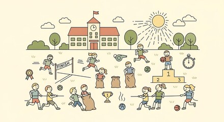 A school sports day illustration with children playing various games near a school building and sun
