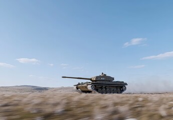Fototapeta premium Military Tank Driving Across Open Field Under Clear Blue Sky