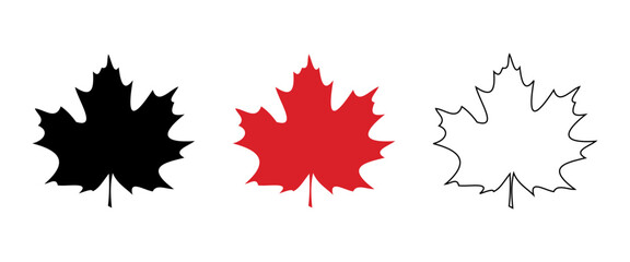 Maple leaf set vector icon. Three stylized maple leaves in black, red and outline.