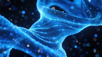 A mesmerizing close-up of a seamless, flowing blue particle stream, resembling a digital DNA strand or a technological neural network, creating a futuristic and scientific visual.
