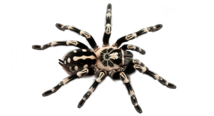A striking tarantula spider with black and white stripes isolated on transparent background
