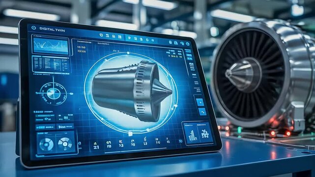 A tablet with a digital twin interface showing a 3D model of a jet engine for diagnostics and analysis in a factory - Powered by Adobe