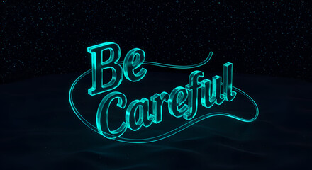 Glowing turquoise "Be Careful"" text display on a dark background with starry effect. Modern decorative sign with night sky backdrop for home decor or branding."