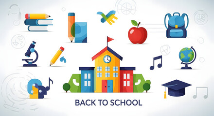 A colorful 'Back to School' illustration featuring a schoolhouse surrounded by educational icons like books, a globe, and a backpack.