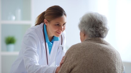 A doctor takes care of an elderly patient gently, consulting, and recommending the treatment in healthcare for the elderly, Happy elderly senior patient, medical healthcare, and health.