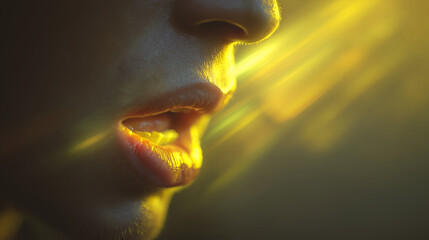 A gradient composition featuring a dark brown to yellow transition, with bright yellow light beams intersecting on the right side. The background is blurred, creating a moody atmosphere.