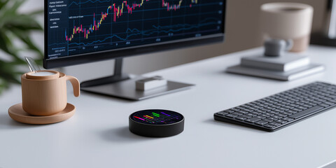 Modern desk setup features digital inflation tracking device displaying colorful graphs, alongside computer monitor with financial charts, keyboard, and coffee cup, creating focused workspace