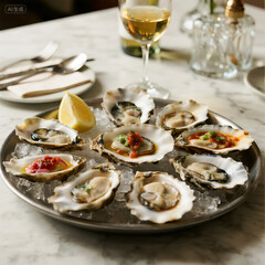 Fresh Oysters on Ice with Gourmet Sauces and White Wine in Fine Dining Setting