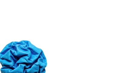 Brightly vivid blue crumpled textured material (paper/fabric) in sharp macro focus on pristine transparent background with expansive copy space, soft studio light, premium adaptable abstract backdrop