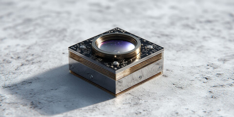 Sleek quantum AI processor lens module rests on textured surface, showcasing intricate circuitry and reflective lens. design is futuristic and precise, highlighting advanced technology