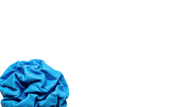 Brightly vivid blue crumpled textured material (paper/fabric) in sharp macro focus on pristine transparent background with expansive copy space, soft studio light, premium adaptable abstract backdrop