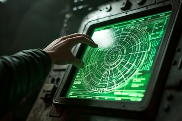 A hand interacts with a high-tech radar screen, displaying intricate data and circular graphics
