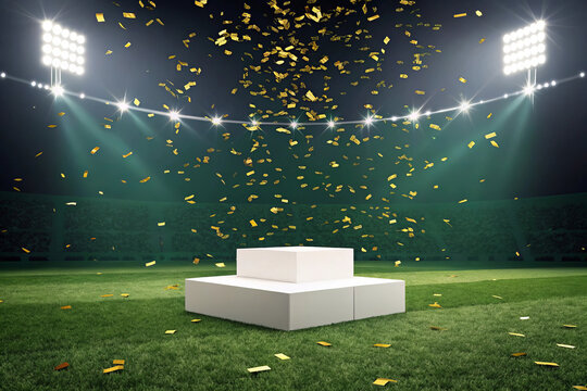 Empty victory podium on a sports field with confetti and stadium lights