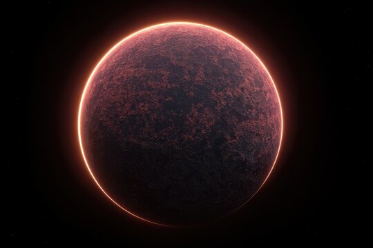 A fiery, alien planet glows in a dark void.  Its surface,  mottled with dark, rugged terrain,  is bathed in a warm, orange-red light