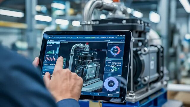 An engineer uses a tablet with augmented reality to analyze a 3D model and diagnostics of an industrial machine