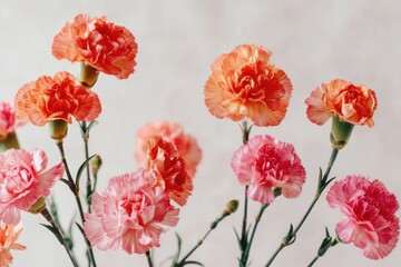 Fototapeta premium Composition made of beautiful orange pink carnation flowers on light backdrop. Floristic decoration. Natural floral background