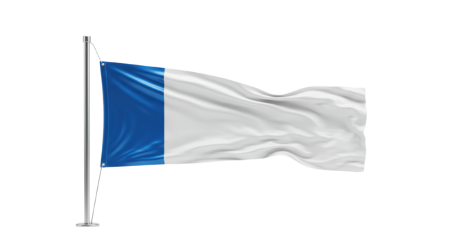 Sleek metallic flagpole, abstract blue to white gradient banner with soft metallic sheen, unfurling dynamically against a transparent studio with high-key lighting. Concept of corporate progress