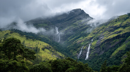 Misty mountains with multiple waterfalls cascading down lush green slopes under a cloudy sky
