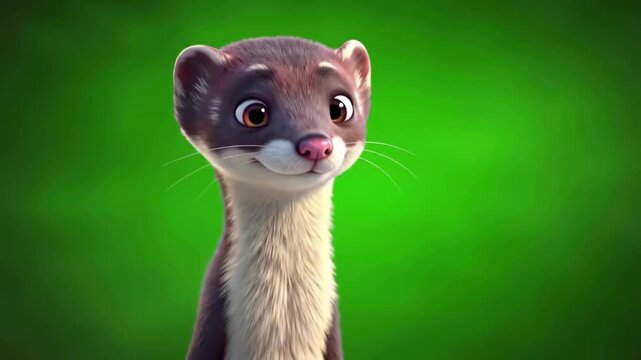 Cute cartoon weasel with bright eyes and a friendly expression against a vibrant green background