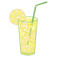 Tall glass of lemonade with lemon slices and straw drink beverage
