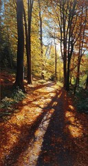 Naklejka premium Sunlight filters through autumn trees, casting long shadows on a forest path