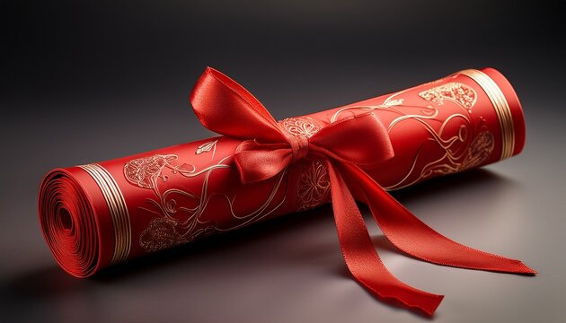 a decorative red certificate scroll tied with a ribbon symbolizing achievement and celebration